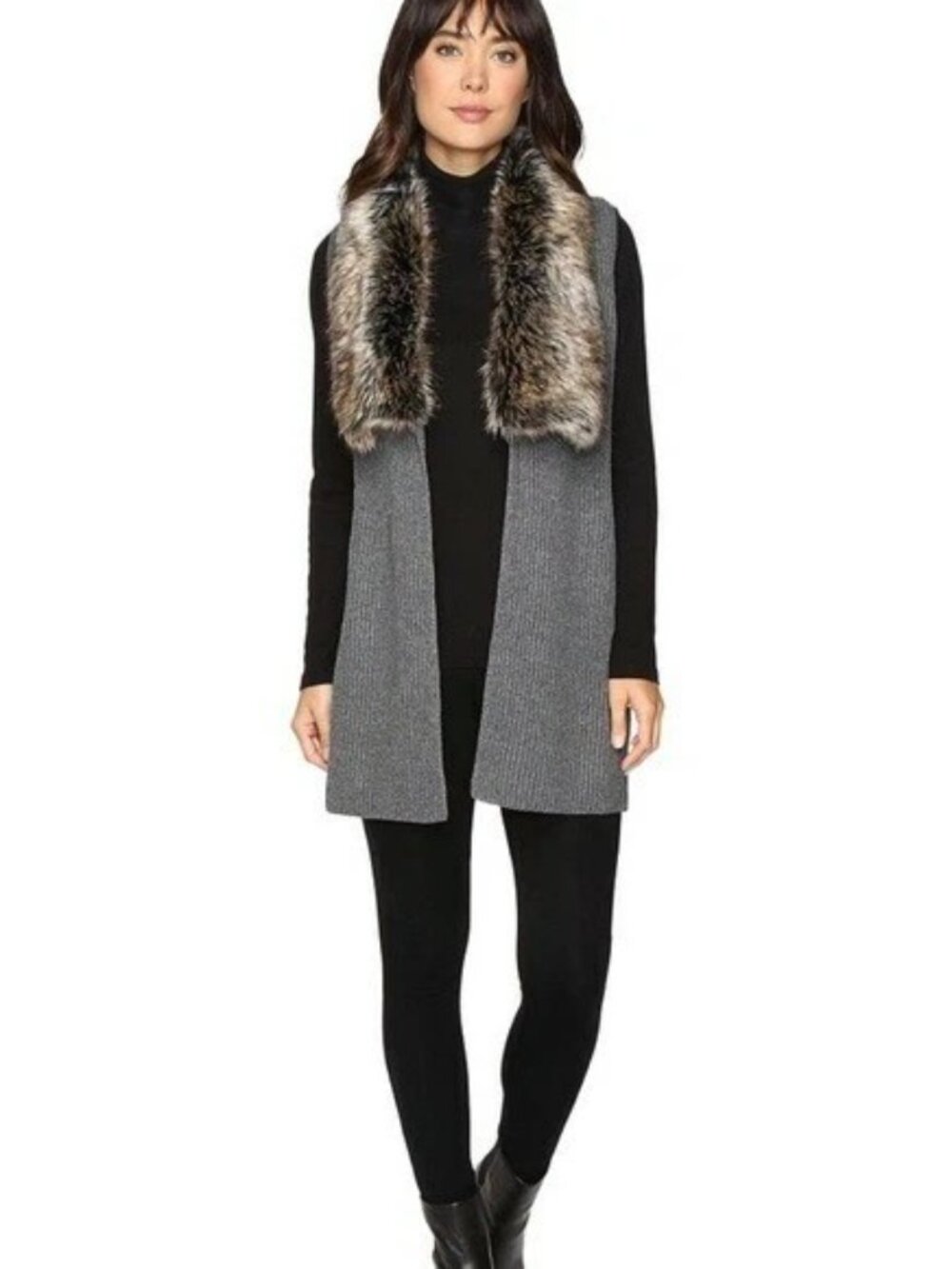 Splendid Gray Faux Fur Collar Sleeveless Long Vest - Size Small - Retail $198